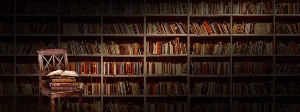 a chair with books on the background of bookshelves, library background